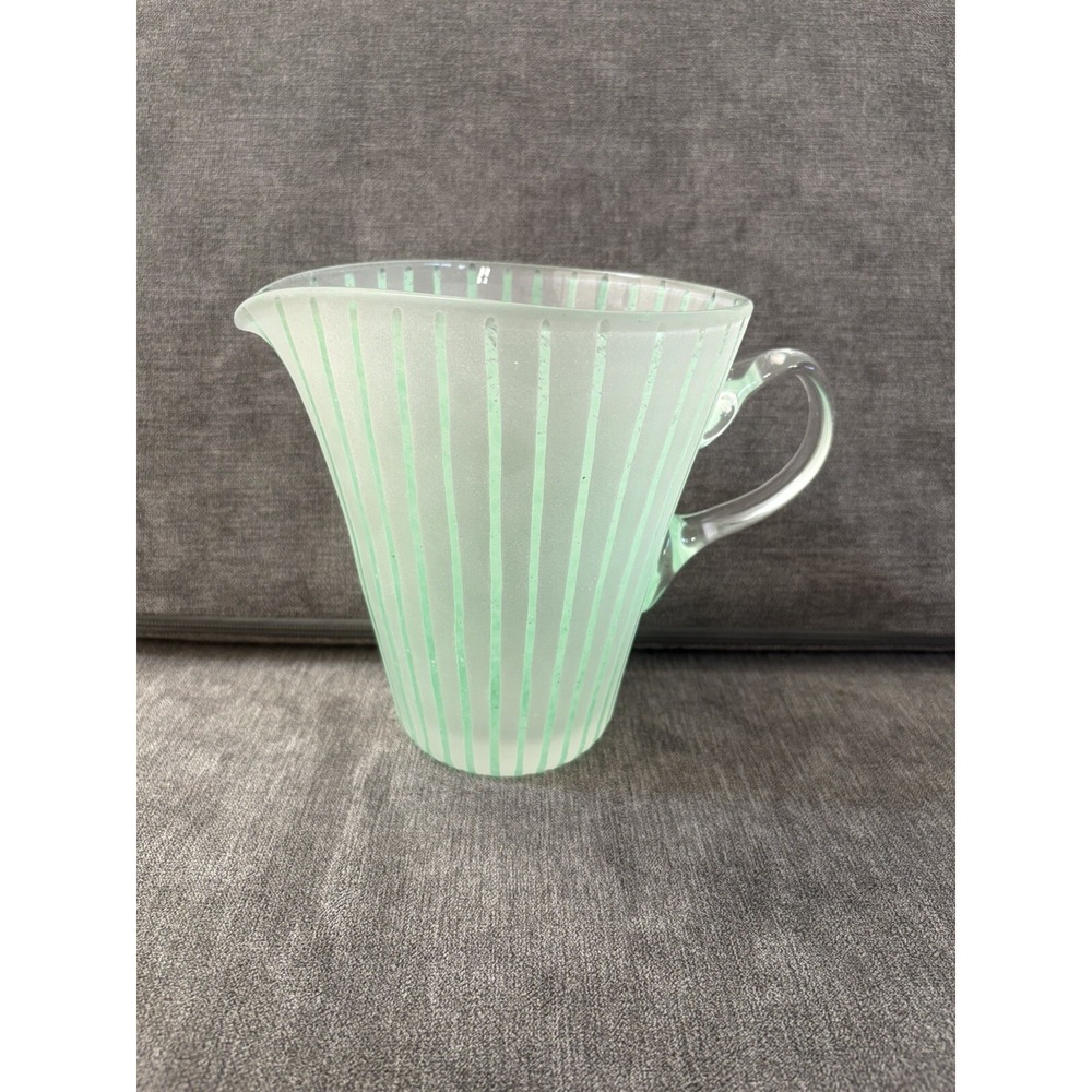 Handblown Glass Pitcher Vase Vertical White‎ Mint Green Etched Glass Vintage
